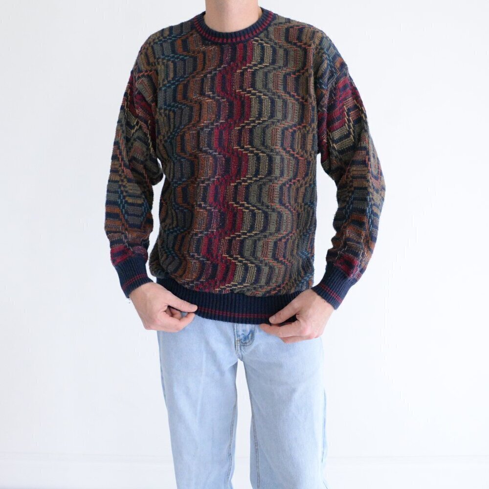 Vintage Green Maroon Eclectic Grandpa 3D Pattern Crew Neck Sweater Large